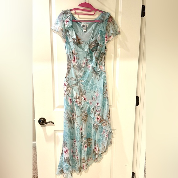 Robbie Bee Turquoise Asymmetrical Dress with Ruffled Neckline - Picture 1 of 4